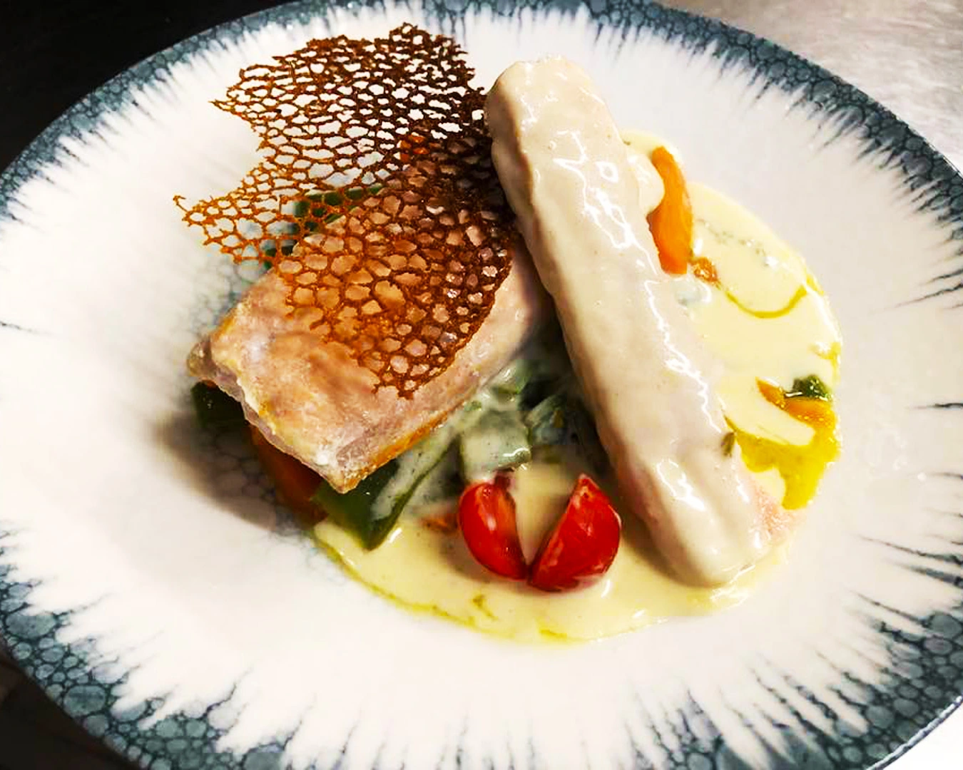 Plat gastronomique raffiné servi dans le restaurant d’un hôtel de charme en Bourgogne-Franche-Comté, près de Montbéliard, composé de poisson (saumon) délicatement nappé de sauce crémeuse, légumes frais de saison, chips croustillante maison et présentation soignée typique d’un restaurant gastronomique réputé.